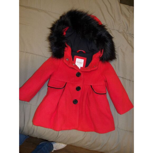 Red Wool Blend Winter‎ Coat with Black Faux Fur Hood Trim Toddler Dress Coat - Picture 1 of 3